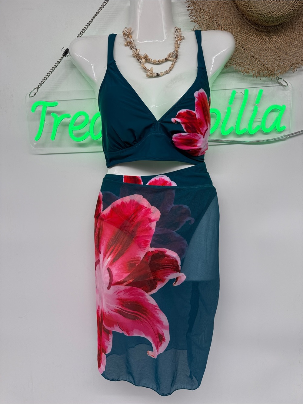 Blooming Jelly  Teal Swim Sarong bikini 3pc set with Pink Floral Print